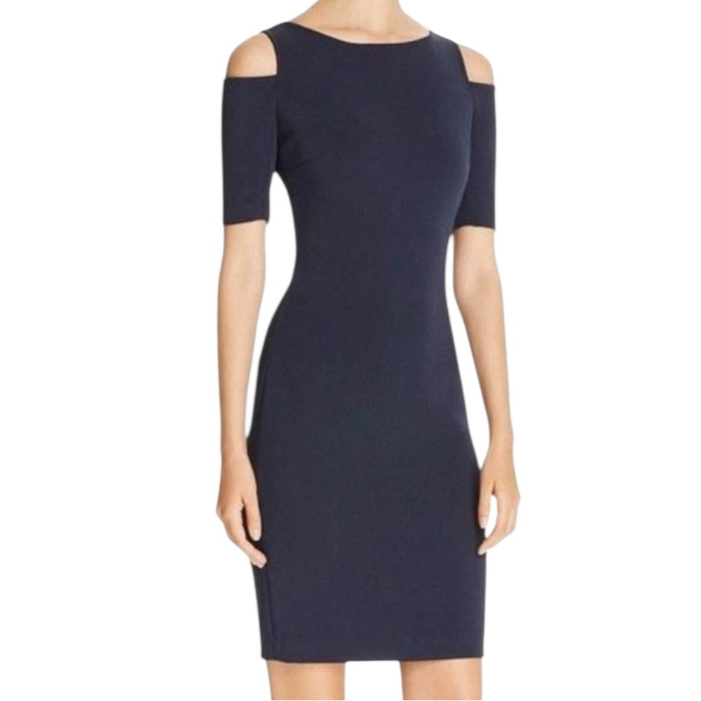 Michael Kors Navy Cold Shoulder Midi Dress w Gold Placard Jersey Stretch